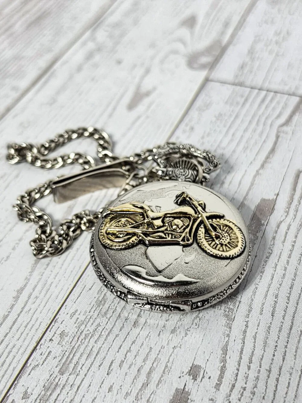 Vintage style Silver Tone Motorcycle Pocket watch Quartz Biker Chain Fob